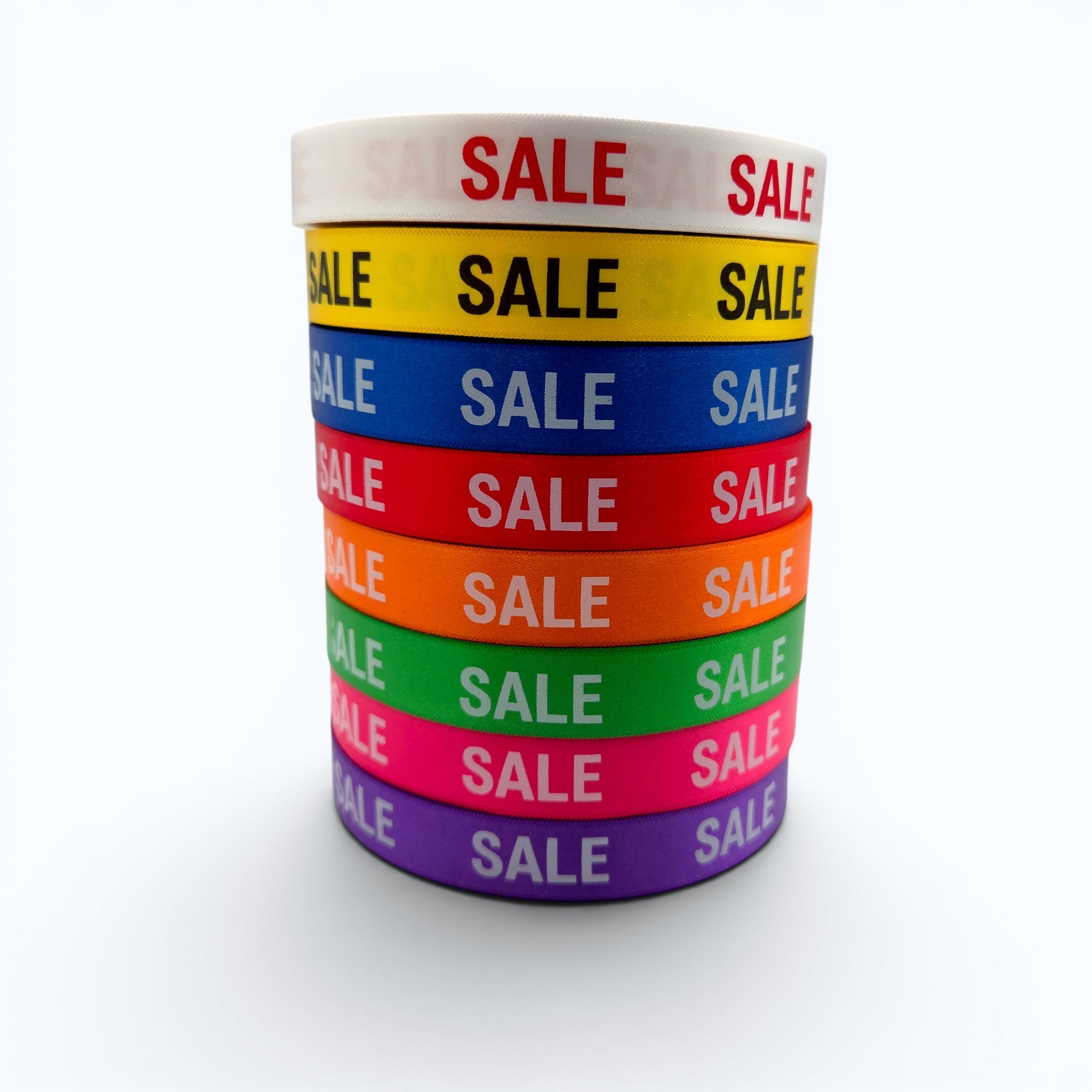 Satijn lint bedrukt met "SALE" in 2 maten diverse kleuren per 25 meter
