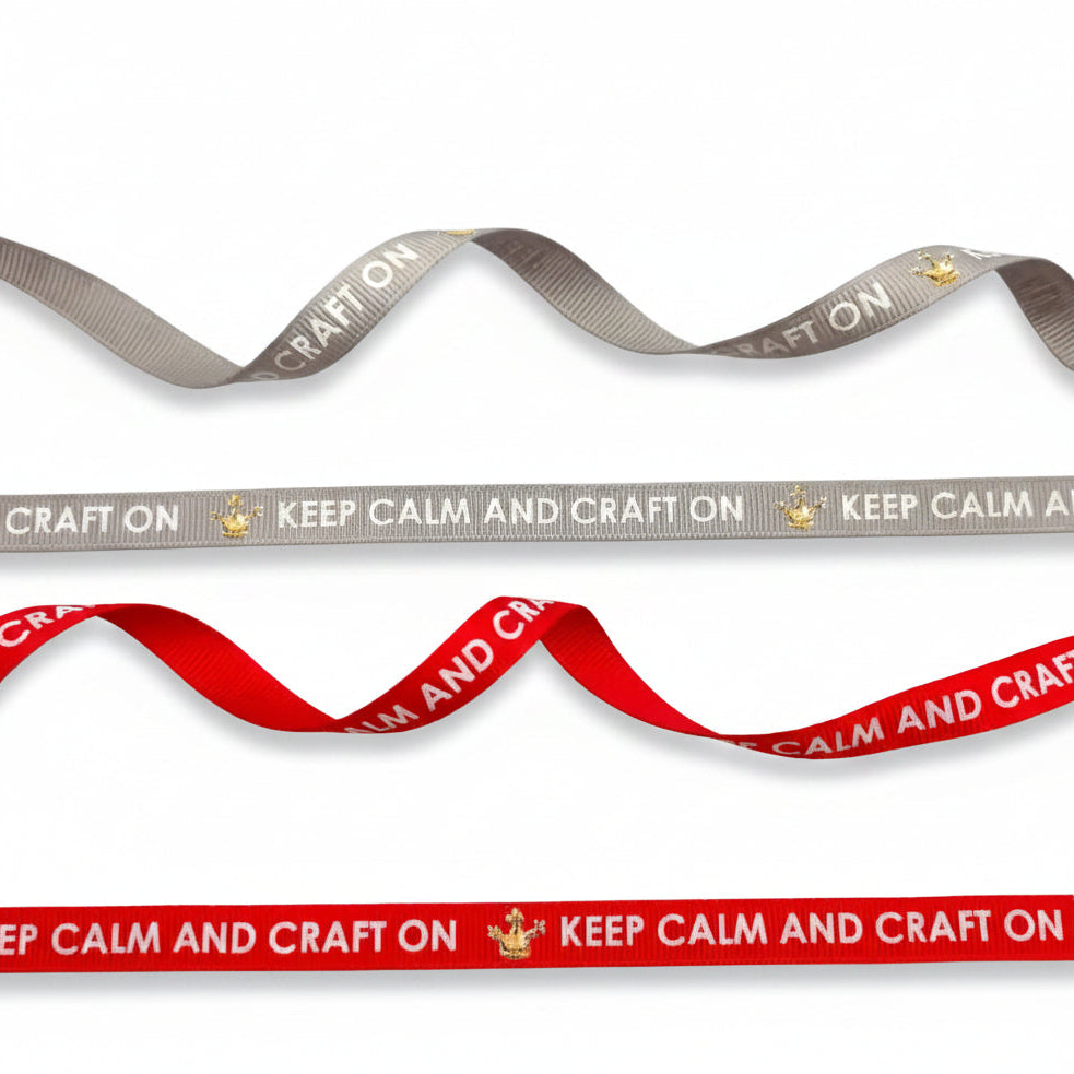 10mm Ribsband met witte opdruk "keepcalm and craft on" - 20 Meter