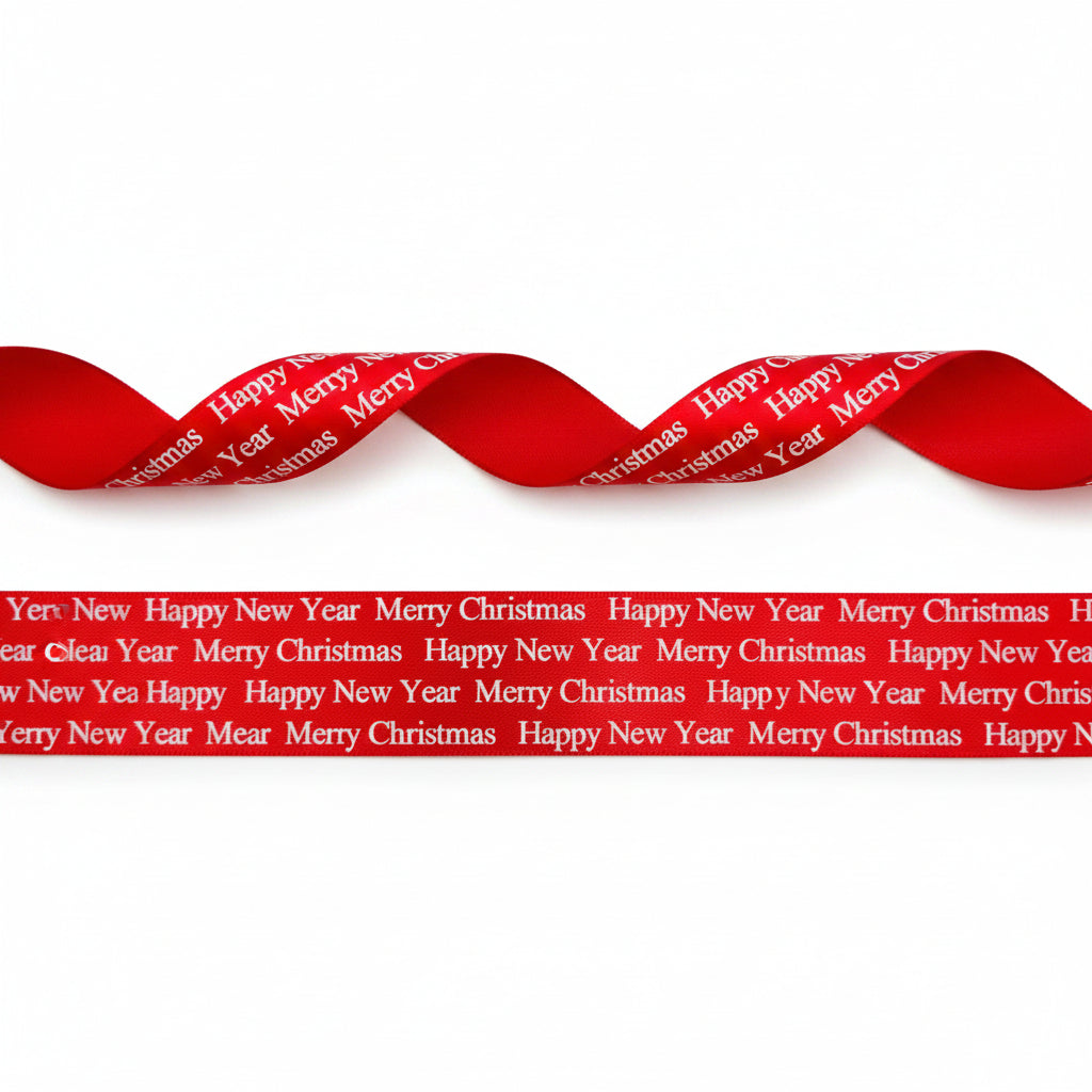25mm rood satijnlint bedrukt met wit merry christmas happy new year per 10 meter rol