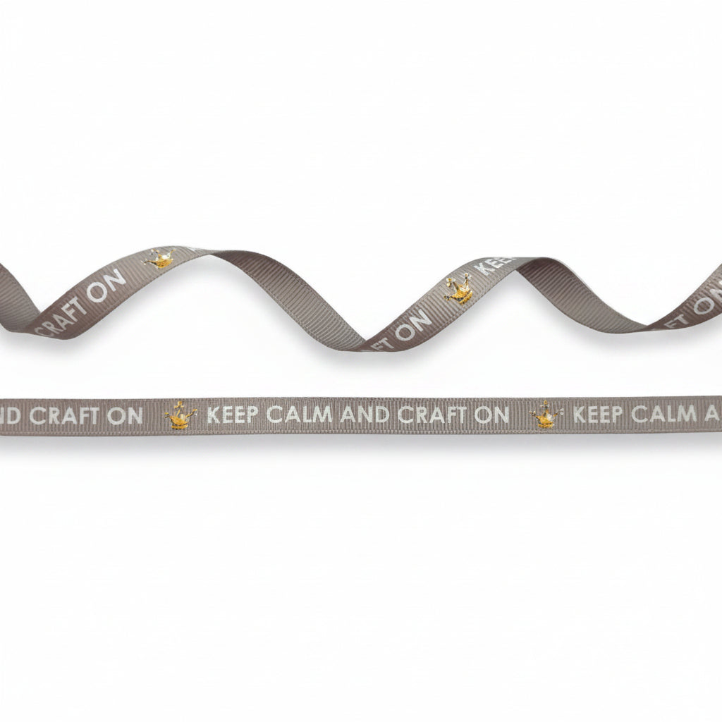 10mm Ribsband met witte opdruk "keepcalm and craft on" - 20 Meter
