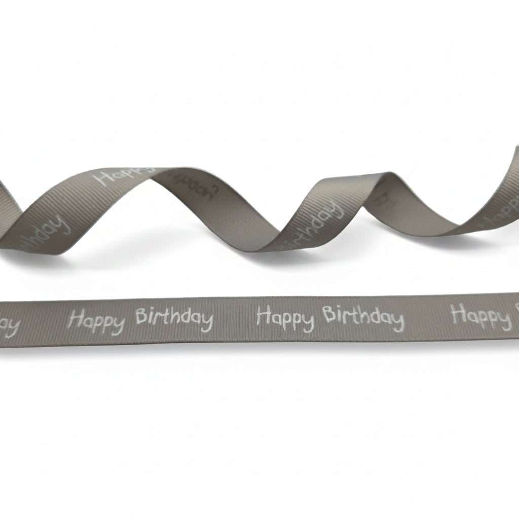 Ribslint grijs wit bedrukt met Happy Birthday — 16mm | Rol 20m