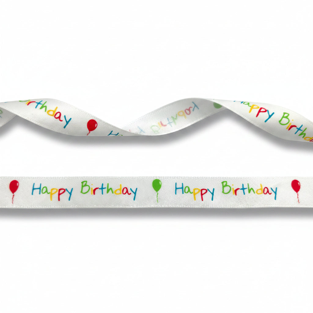 Wit Satijnlint Happy Birthday — 16mm | Rol 20m