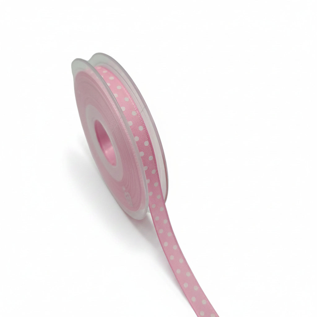 10mm Luxe satijnlint roze met witte stippen