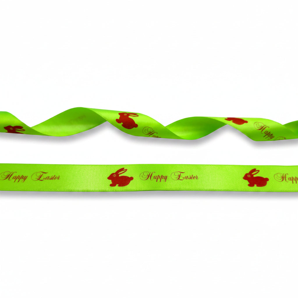 20mm Luxe satijnlint bedrukt met Happy Easter in 2 kleuren verkrijgbaar per rol van 25 meter.