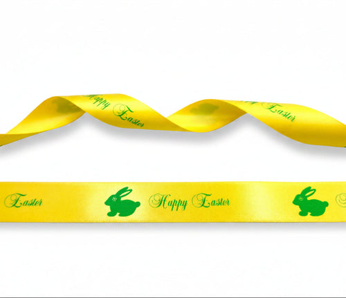 20mm Luxe satijnlint bedrukt met Happy Easter in 2 kleuren verkrijgbaar per rol van 25 meter.
