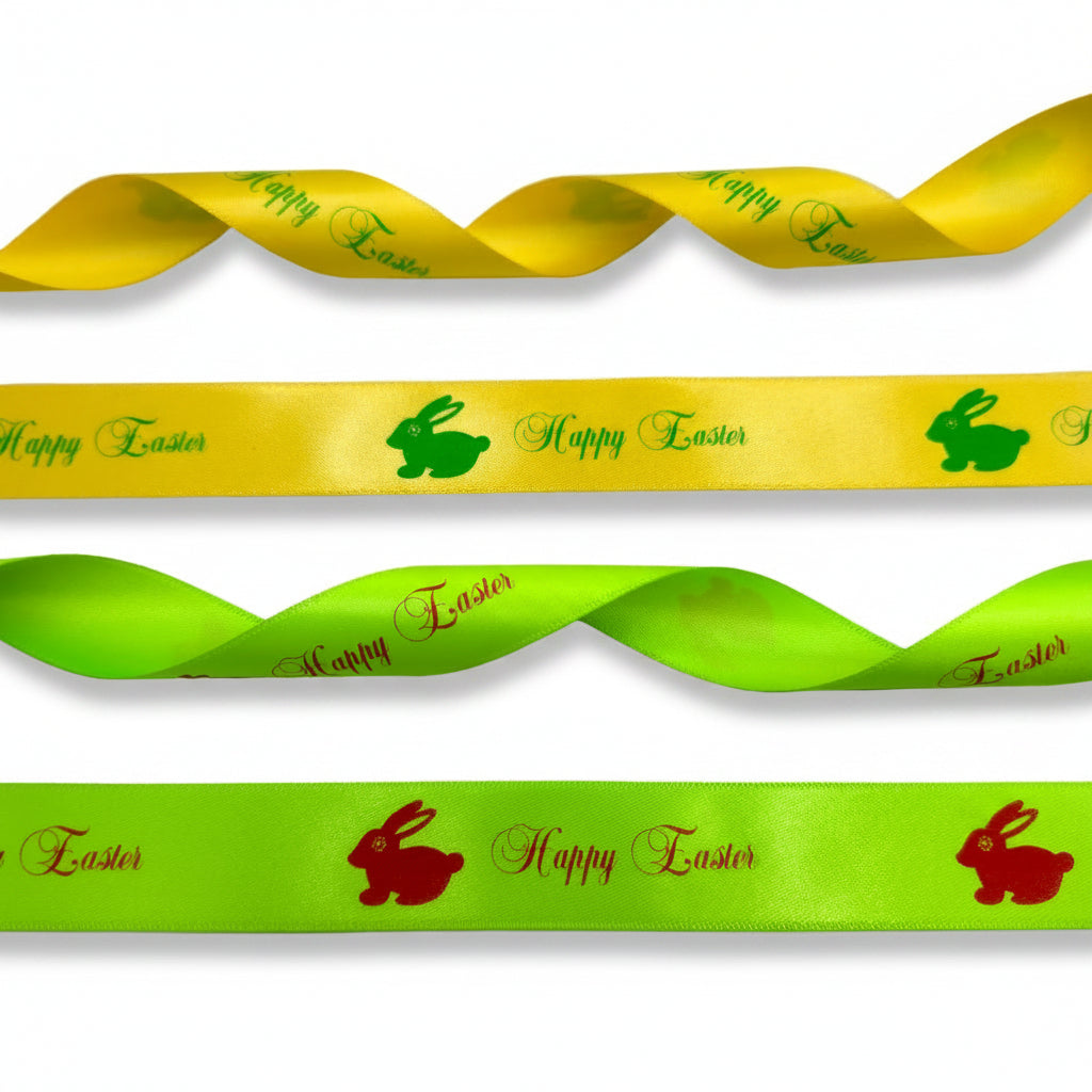20mm Luxe satijnlint bedrukt met Happy Easter in 2 kleuren verkrijgbaar per rol van 25 meter.