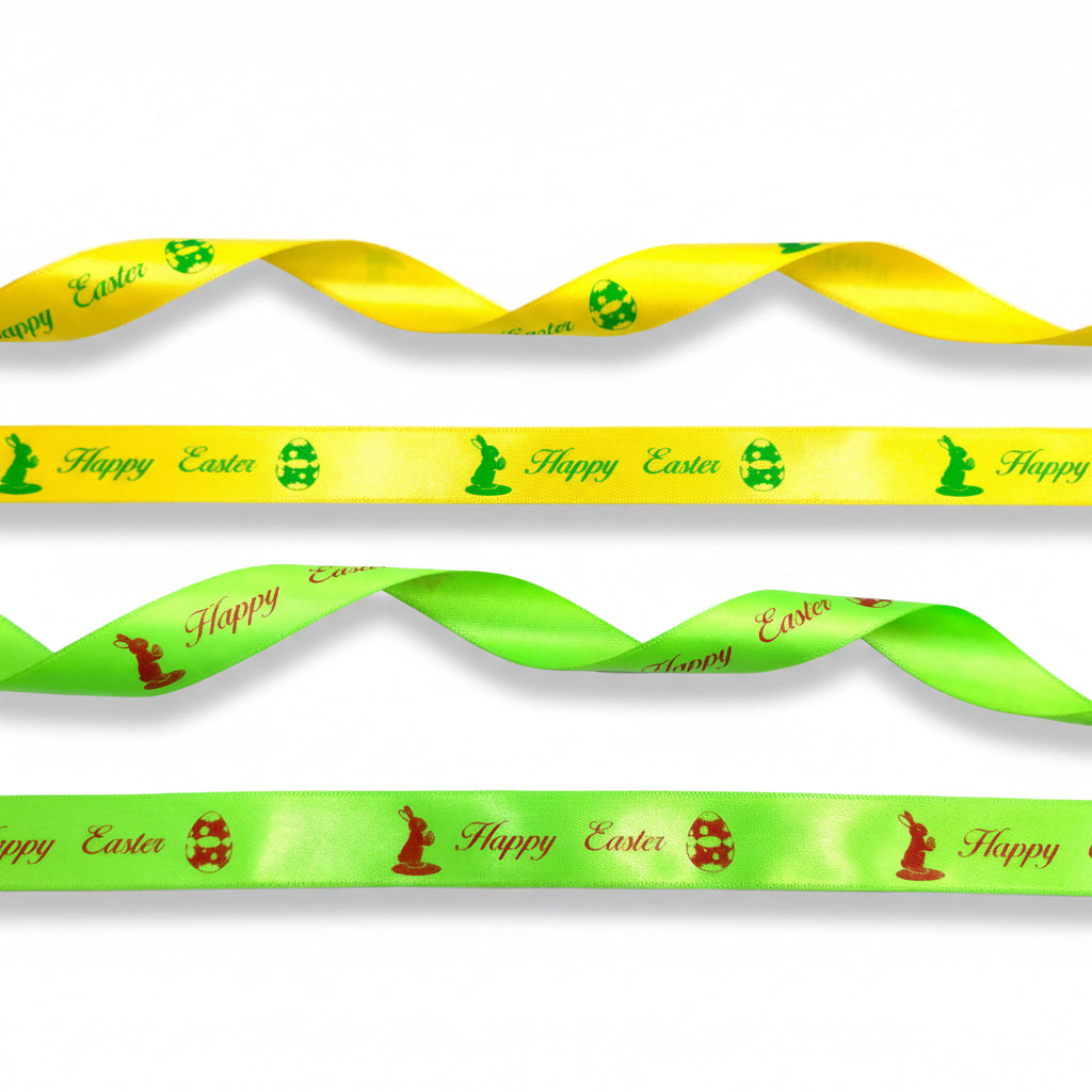 15mm Luxe satijnlint bedrukt met Happy Easter in 2 kleuren verkrijgbaar per rol van 25 meter. (kopie)