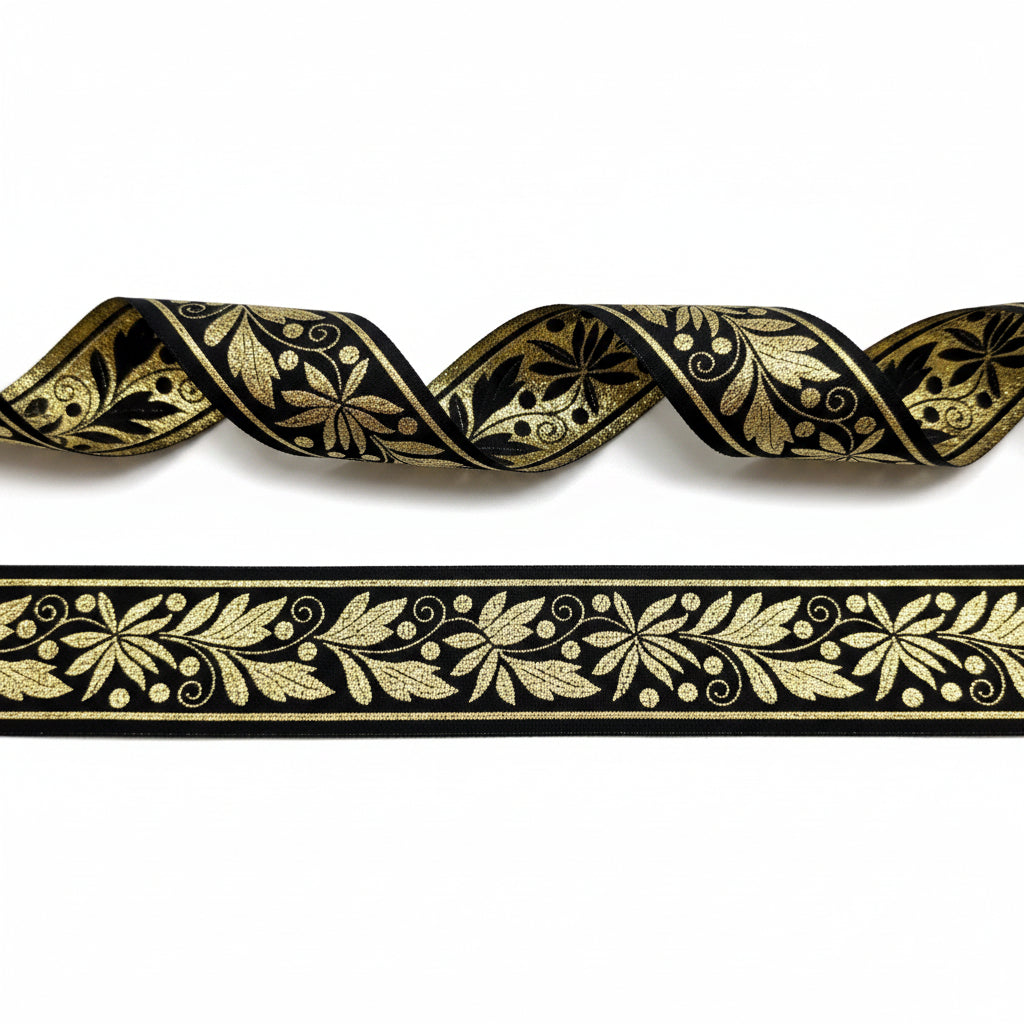 Sierband zwart met lurex goud draad bladeren motief  32mm  per 25 meter