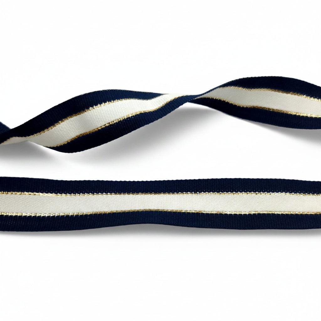 Sierband Donker Blauw/Wit met gouden lurex strepen 25mm per 50 meter