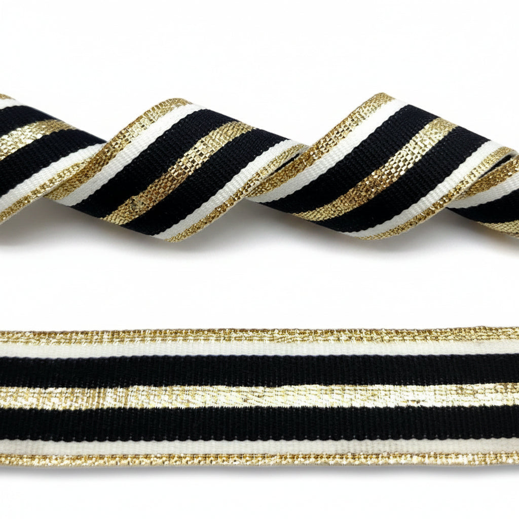 Sierband Zwart/Wit met gouden lurex strepen 25mm per 50 meter