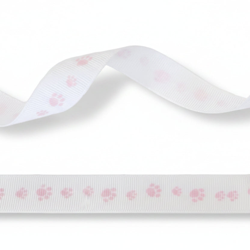 16mm Wit ribsband met Voetafdruk in de kleur roze - 20 Meter