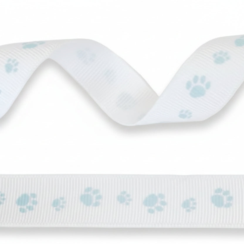 16mm Wit ribsband met Voetafdruk in de kleur blauw - 20 Meter