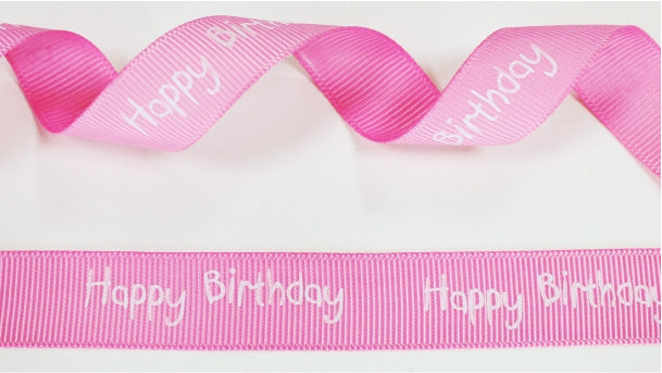 Ribslint in 2 verschillende kleuren roze wit bedrukt met Happy Birthday — 16mm | Rol 20m