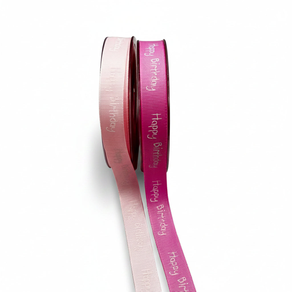 Ribslint in 2 verschillende kleuren roze wit bedrukt met Happy Birthday — 16mm | Rol 20m