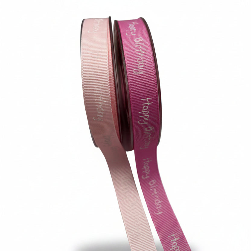 Ribslint in 2 verschillende kleuren roze wit bedrukt met Happy Birthday — 16mm | Rol 20m