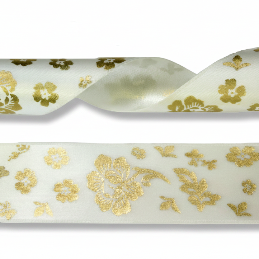 Satijnlint met klassieke bloemen motief – 30mm per 25 meter.