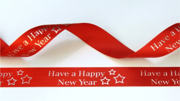 15mm rood satijnlint bedrukt met zilver have a happy new year per 25 meter rol