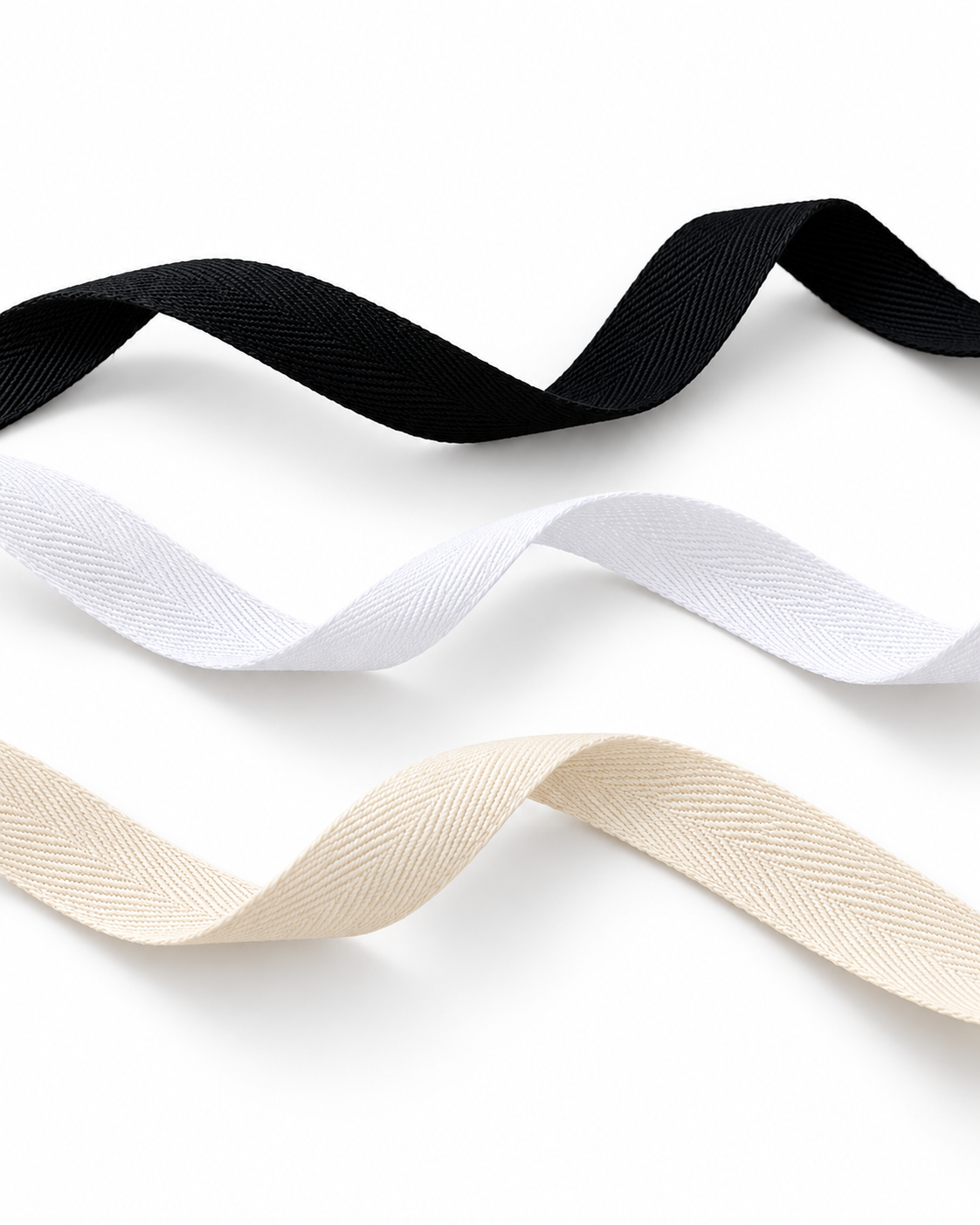 Katoenen keperband 10 t/m,30 mm in zwart,wit en ecru, per 100 meter